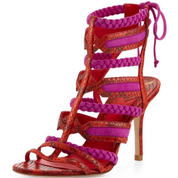 BRIAN‎ ATWOOD Felisa Sandals Strappy Braided Leather Orange Pink Size 7.5 Animal - Picture 3 of 14